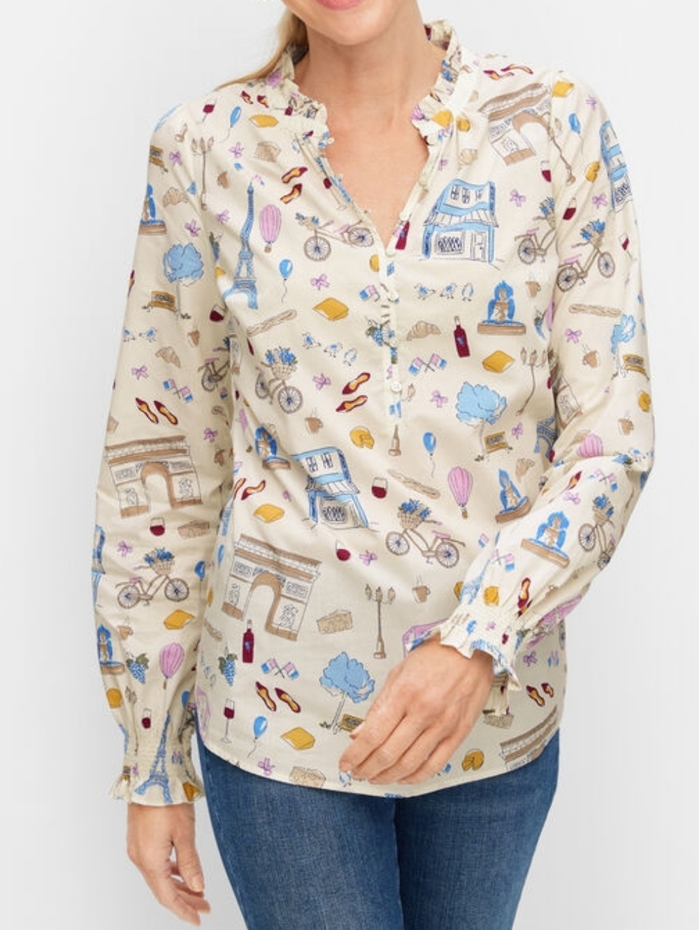 Talbots White Paris Icons Ruffle Trim Popover Blouse Top Size XL